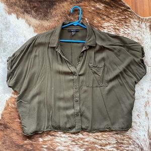 Olive Green Crop Button Up Short Sleeve